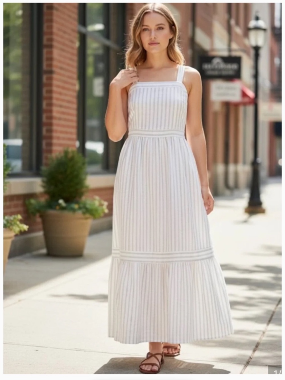 LOFT Striped Tiered Maxi Dress Womens White Linen Blend Sleeveless Boho size 8